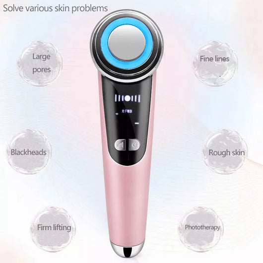 White facial massage importer with red and blue LED light ring, two 'POLYPEPTIDE' facial mask boxes, and a pink cat ear headband. - Image 10
