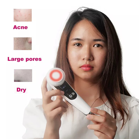 White facial massage importer with red and blue LED light ring, two 'POLYPEPTIDE' facial mask boxes, and a pink cat ear headband. - Image 12