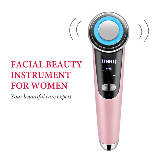 White facial massage importer with red and blue LED light ring, two 'POLYPEPTIDE' facial mask boxes, and a pink cat ear headband. - Image 13