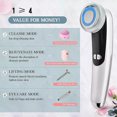White facial massage importer with red and blue LED light ring, two 'POLYPEPTIDE' facial mask boxes, and a pink cat ear headband. - Image 14