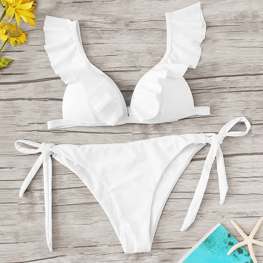 Bikini Sexy Fruncido con Cuello en V y Colores Lisos - Image 20