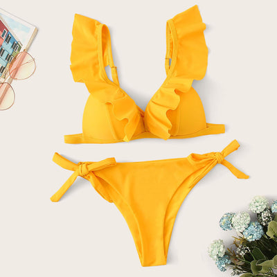 Bikini Sexy Fruncido con Cuello en V y Colores Lisos - Image 24