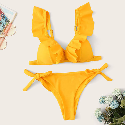 Bikini Sexy Fruncido con Cuello en V y Colores Lisos - Image 24