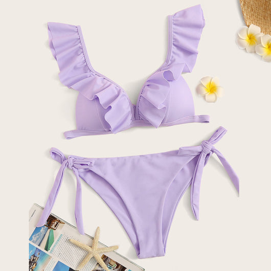 Bikini Sexy Fruncido con Cuello en V y Colores Lisos - Image 26