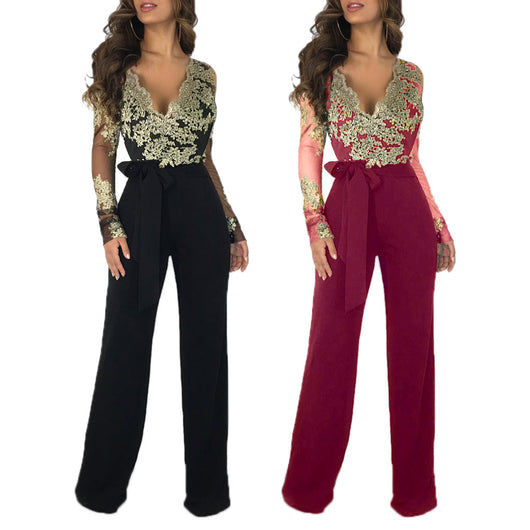 Jumpsuit Elegante de Encaje para Mujer - Manga Larga y Piernas Anchas - Image 7