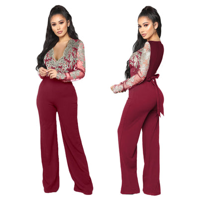 Jumpsuit Elegante de Encaje para Mujer - Manga Larga y Piernas Anchas - Image 9