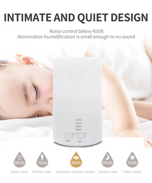 Colorful silent USB mini ultrasonic aromatherapy machine with blue, green, purple, and red light options and timer settings. - Image 11