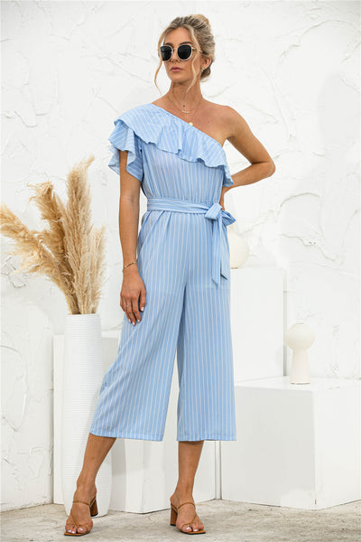 Jumpsuit de Verano para Mujer con Hombro Descubierto y Volantes a Rayas - Image 9