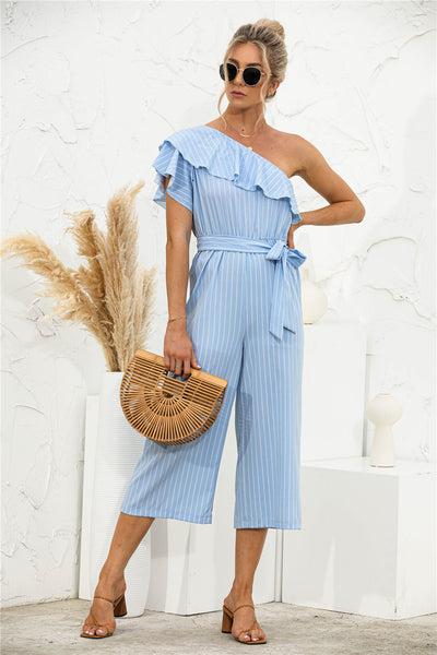 Jumpsuit de Verano para Mujer con Hombro Descubierto y Volantes a Rayas - Image 10
