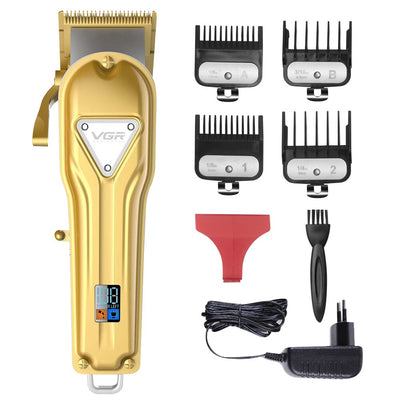Gold VGR full metal hair clipper kit with four black guide combs, cleaning brush, charging cable, and power adapter. - Image 9