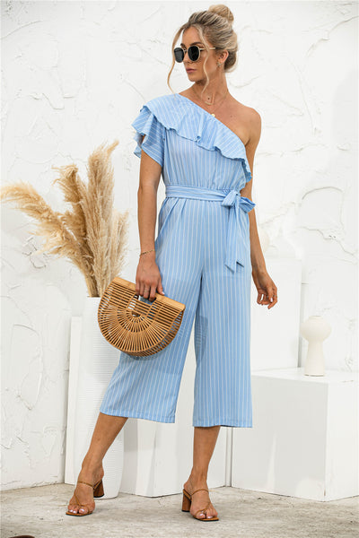 Jumpsuit de Verano para Mujer con Hombro Descubierto y Volantes a Rayas - Image 11