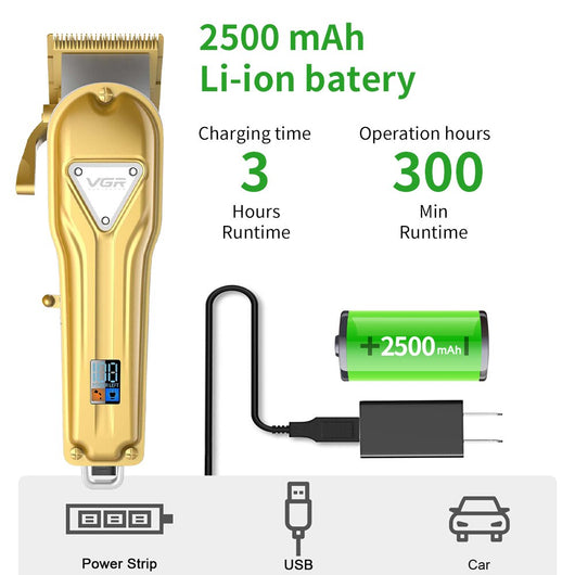 Gold VGR full metal hair clipper kit with four black guide combs, cleaning brush, charging cable, and power adapter. - Image 11
