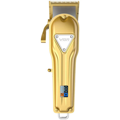 Gold VGR full metal hair clipper kit with four black guide combs, cleaning brush, charging cable, and power adapter. - Image 15