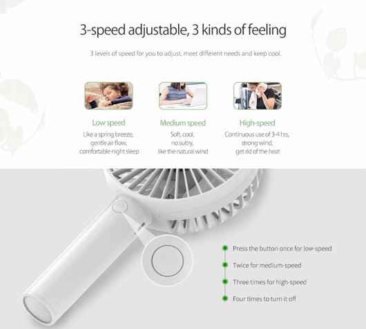 White ORICO FH1 handheld USB fan with charging dock, USB cable, and user manuals on a wooden desk. - Image 14