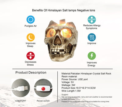 Lámpara de Sal del Himalaya Calavera USB Regulable con Luz Nocturna - Image 22