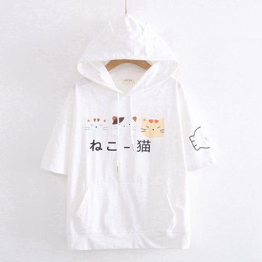 Camiseta Corta con Capucha para Niña - Diseño Gato Cartoon - Image 11