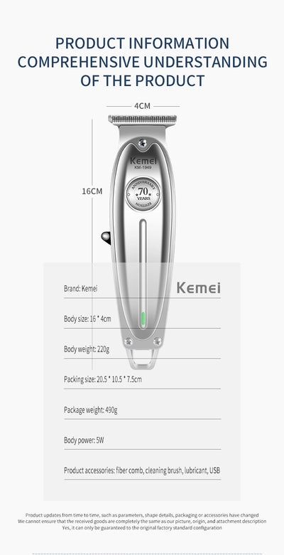 Silver rechargeable hair clipper with EU plug charger, cleaning brush, and four black guide combs on a white background. - Image 6