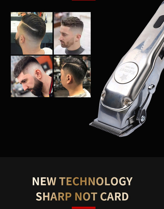 Silver rechargeable hair clipper with EU plug charger, cleaning brush, and four black guide combs on a white background. - Image 8