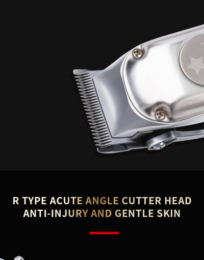 Silver rechargeable hair clipper with EU plug charger, cleaning brush, and four black guide combs on a white background. - Image 9