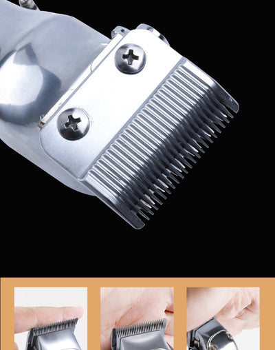 Silver rechargeable hair clipper with EU plug charger, cleaning brush, and four black guide combs on a white background. - Image 10
