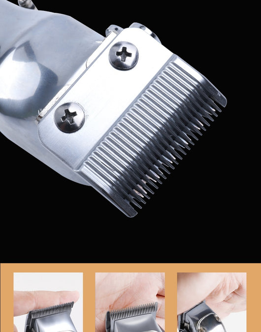 Silver rechargeable hair clipper with EU plug charger, cleaning brush, and four black guide combs on a white background. - Image 10