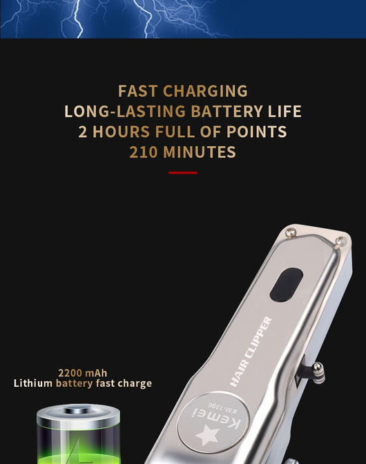 Silver rechargeable hair clipper with EU plug charger, cleaning brush, and four black guide combs on a white background. - Image 12