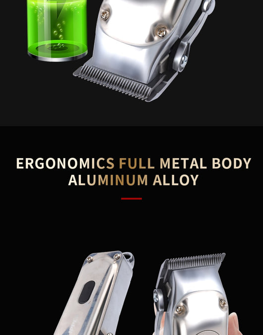 Silver rechargeable hair clipper with EU plug charger, cleaning brush, and four black guide combs on a white background. - Image 13