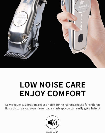 Silver rechargeable hair clipper with EU plug charger, cleaning brush, and four black guide combs on a white background. - Image 14