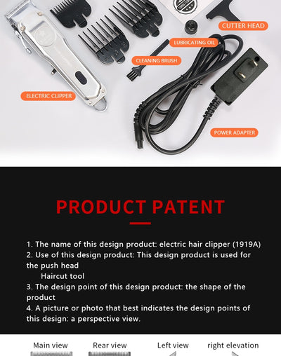 Silver rechargeable hair clipper with EU plug charger, cleaning brush, and four black guide combs on a white background. - Image 17