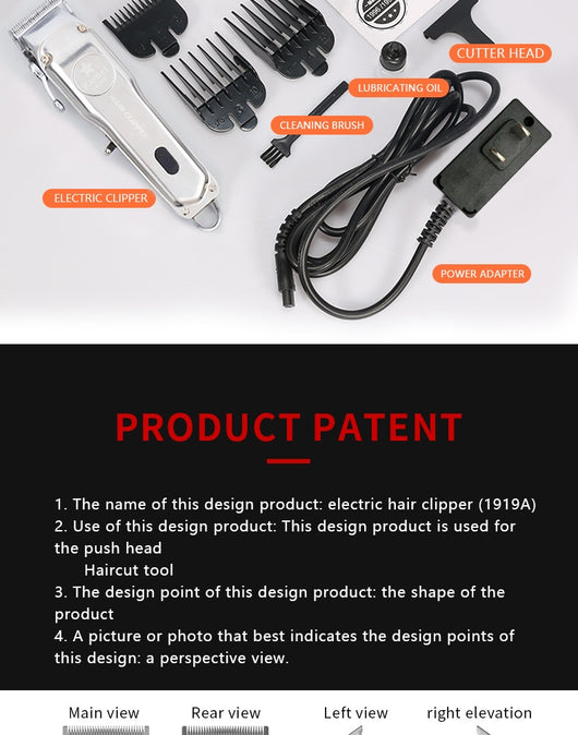 Silver rechargeable hair clipper with EU plug charger, cleaning brush, and four black guide combs on a white background. - Image 17