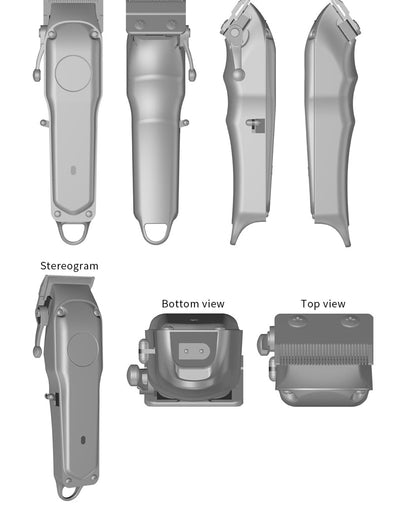 Silver rechargeable hair clipper with EU plug charger, cleaning brush, and four black guide combs on a white background. - Image 18