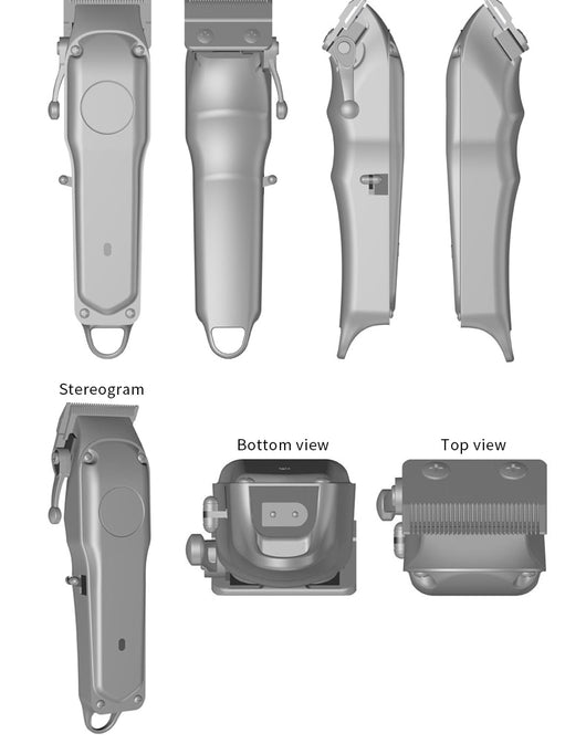Silver rechargeable hair clipper with EU plug charger, cleaning brush, and four black guide combs on a white background. - Image 18
