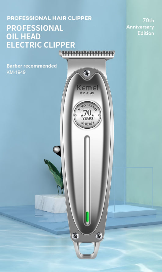 Silver rechargeable hair clipper with EU plug charger, cleaning brush, and four black guide combs on a white background. - Image 19
