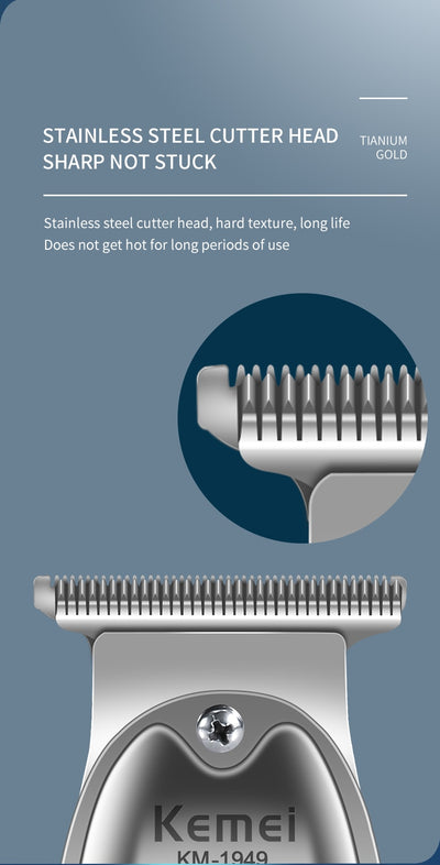 Silver rechargeable hair clipper with EU plug charger, cleaning brush, and four black guide combs on a white background. - Image 20