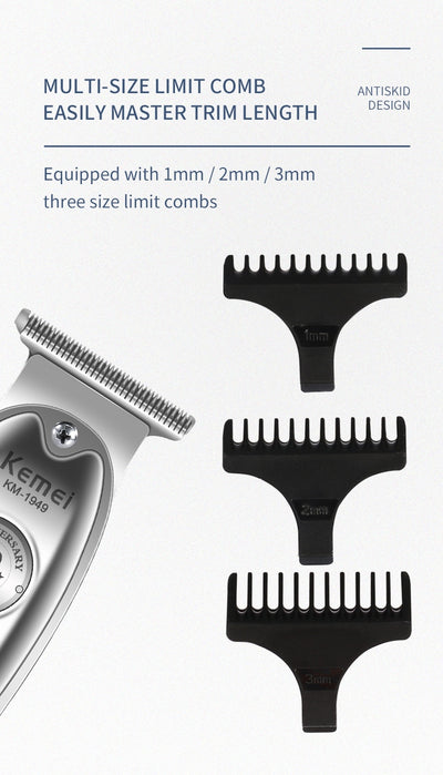 Silver rechargeable hair clipper with EU plug charger, cleaning brush, and four black guide combs on a white background. - Image 21