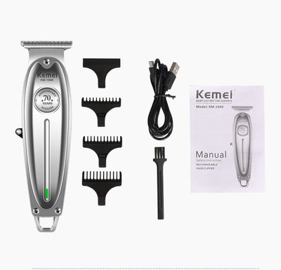 Silver rechargeable hair clipper with EU plug charger, cleaning brush, and four black guide combs on a white background. - Image 22