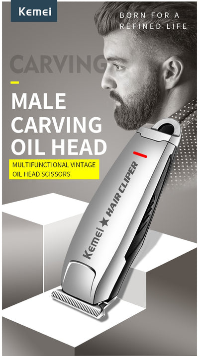 Silver rechargeable hair clipper with EU plug charger, cleaning brush, and four black guide combs on a white background. - Image 23