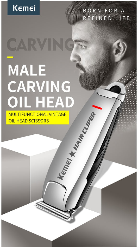 Silver rechargeable hair clipper with EU plug charger, cleaning brush, and four black guide combs on a white background. - Image 23