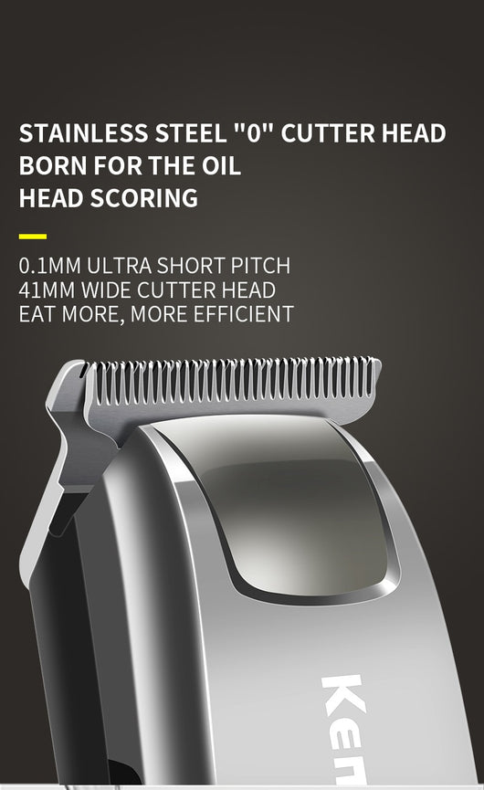 Silver rechargeable hair clipper with EU plug charger, cleaning brush, and four black guide combs on a white background. - Image 24