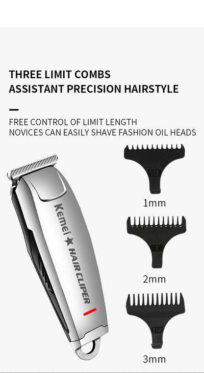Silver rechargeable hair clipper with EU plug charger, cleaning brush, and four black guide combs on a white background. - Image 25