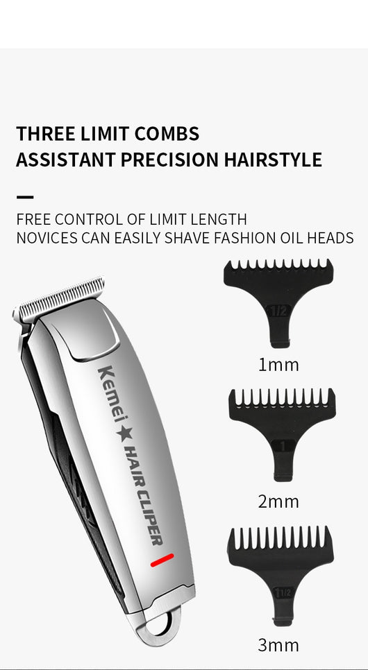 Silver rechargeable hair clipper with EU plug charger, cleaning brush, and four black guide combs on a white background. - Image 25