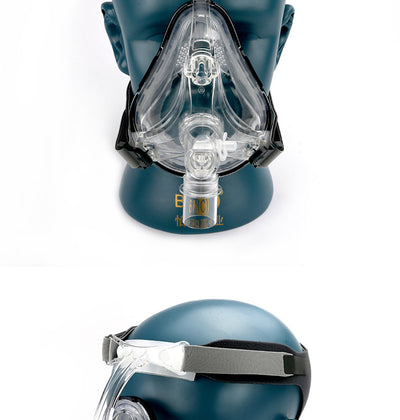 Clear full face oral and nasal mask with gray headgear displayed on a mannequin head for sleep therapy. - Image 5