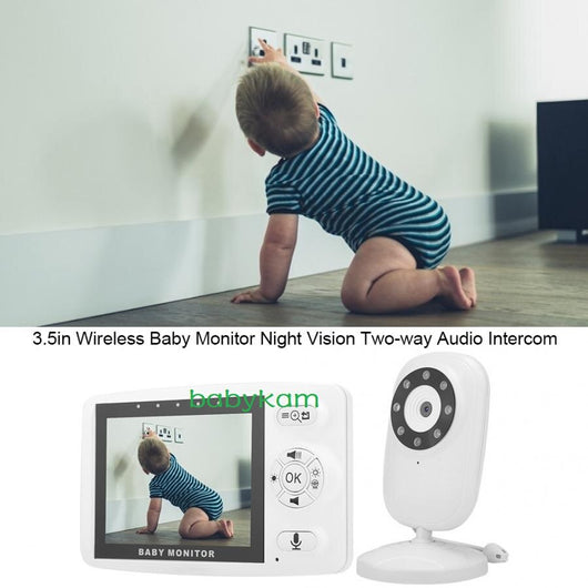 White 3.5-inch wireless baby monitor with a screen showing a smiling baby, featuring gray control buttons. - Image 6