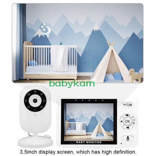 White 3.5-inch wireless baby monitor with a screen showing a smiling baby, featuring gray control buttons. - Image 7