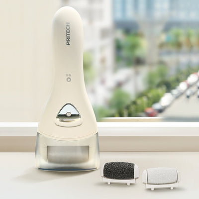 White PRITECH electric pedicure device with a grey roller and silver power button for smooth feet. - Image 6