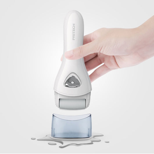 White PRITECH electric pedicure device with a grey roller and silver power button for smooth feet. - Image 12