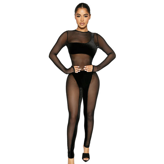 Jumpsuit Casual de Malla Transparente con Cuello Redondo y Mangas Largas - Image 12