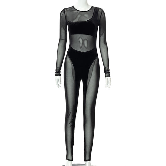 Jumpsuit Casual de Malla Transparente con Cuello Redondo y Mangas Largas - Image 16
