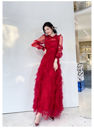 Vestido Rojo Elegante de Novia con Mangas Largas para Dama - Image 6
