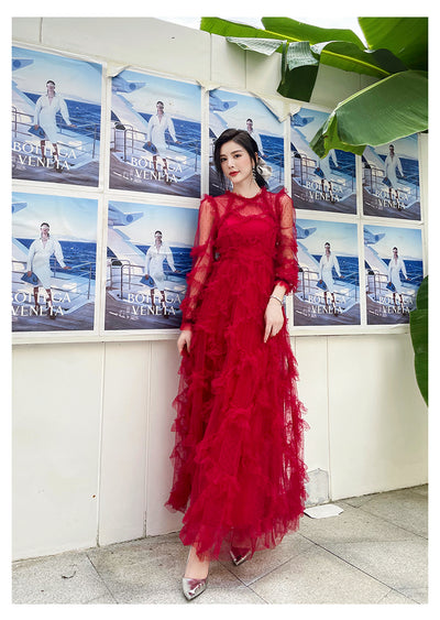 Vestido Rojo Elegante de Novia con Mangas Largas para Dama - Image 7